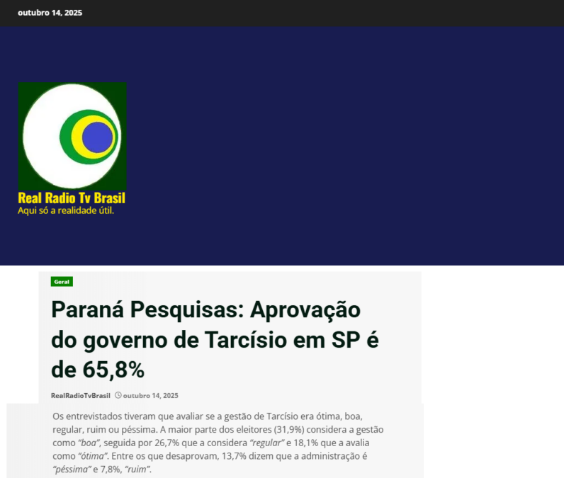 Real Rádio TV Brasil cita pesquisa realizada pela Paraná Pesquisas no Estado de São Paulo. 2 Real Rádio TV Brasil cita pesquisa realizada pela Paraná Pesquisas no Estado de São Paulo.
