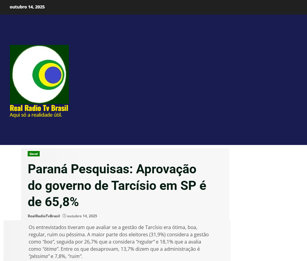 Real Rádio TV Brasil cita pesquisa realizada pela Paraná Pesquisas no Estado de São Paulo. 1 Real Rádio TV Brasil cita pesquisa realizada pela Paraná Pesquisas no Estado de São Paulo.