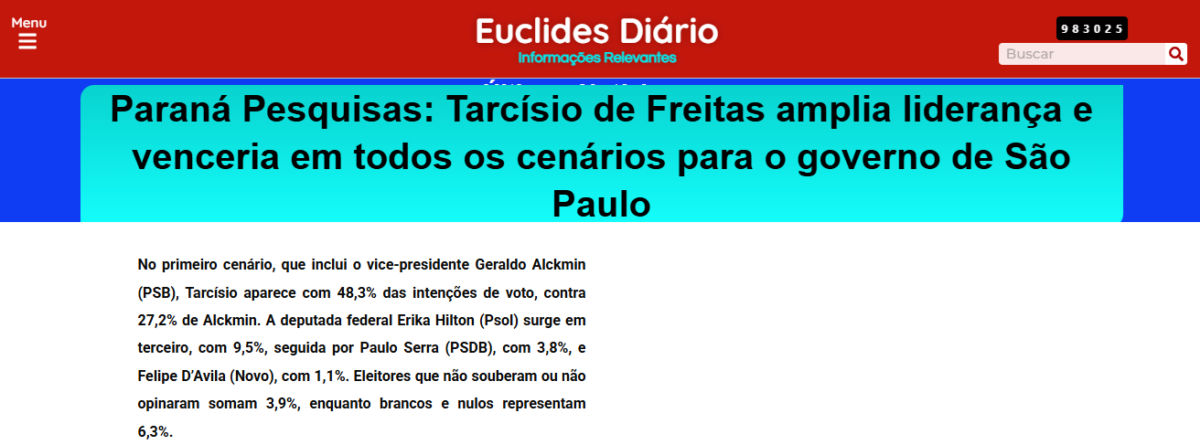 Portal Euclides Diário cita pesquisa realizada pela Paraná Pesquisas no Estado de São Paulo.