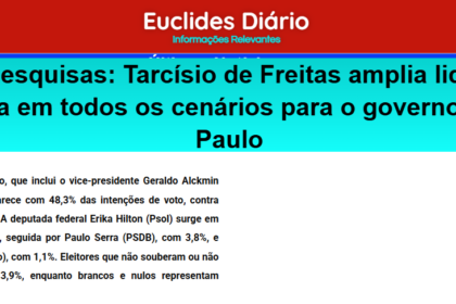 Portal Euclides Diário cita pesquisa realizada pela Paraná Pesquisas no Estado de São Paulo.
