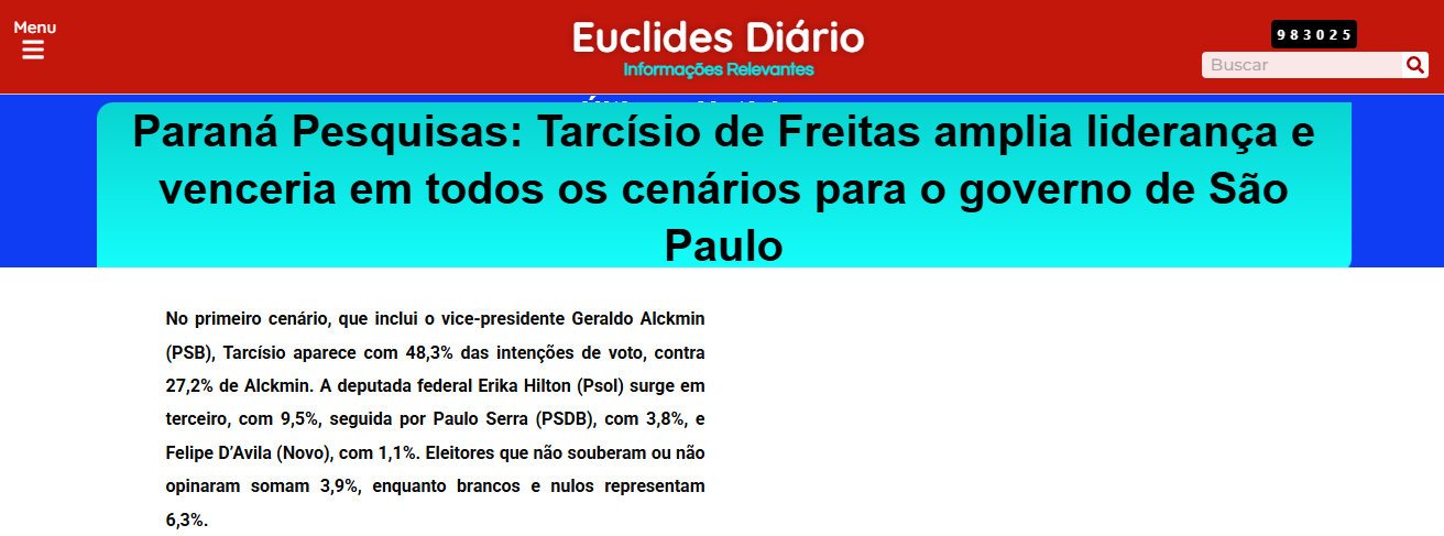 Portal Euclides Diário cita pesquisa realizada pela Paraná Pesquisas no Estado de São Paulo.