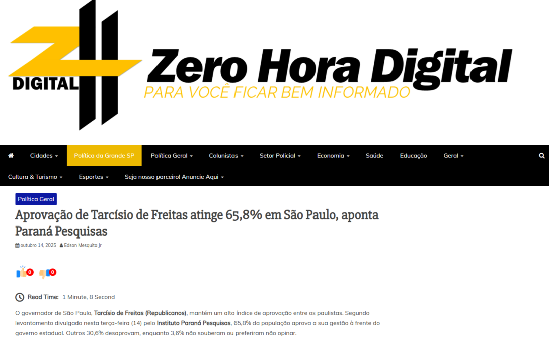 Zero Hora Digital cita pesquisa realizada pela Paraná Pesquisas no Estado de São Paulo. 2 Zero Hora Digital cita pesquisa realizada pela Paraná Pesquisas no Estado de São Paulo.