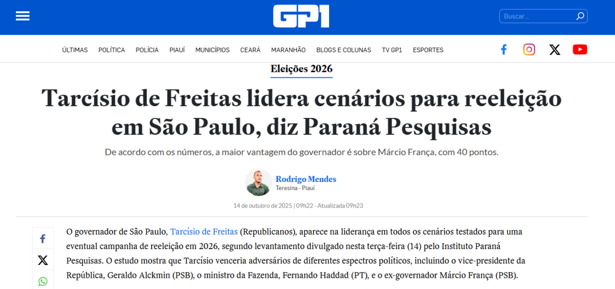 GP1 cita pesquisa realizada pela Paraná Pesquisas no Estado de São Paulo. 2 GP1 cita pesquisa realizada pela Paraná Pesquisas no Estado de São Paulo.
