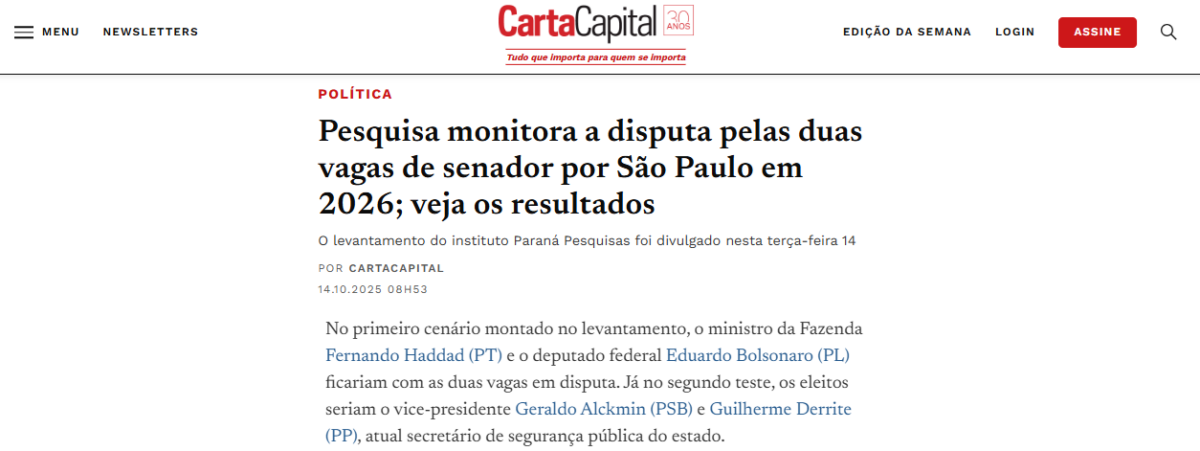 Carta Capital cita pesquisa realizada pela Paraná Pesquisas no Estado de São Paulo.