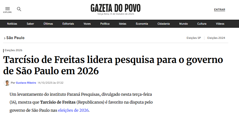Gazeta do Povo cita pesquisa realizada pela Paraná Pesquisas no Estado de São Paulo. 2 Gazeta do Povo cita pesquisa realizada pela Paraná Pesquisas no Estado de São Paulo.