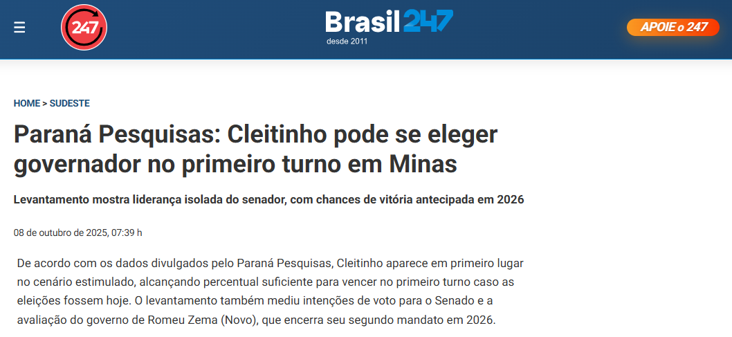 Brasil 247 cita pesquisa realizada pela Paraná Pesquisas no Estado de Minas Gerais. 2 Brasil 247 cita pesquisa realizada pela Paraná Pesquisas no Estado de Minas Gerais.