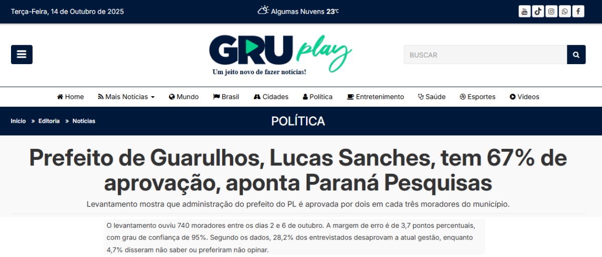 GRU Play cita pesquisa realizada pela Paraná Pesquisas no Município de Guarulhos. 2 GRU Play cita pesquisa realizada pela Paraná Pesquisas no Município de Guarulhos.