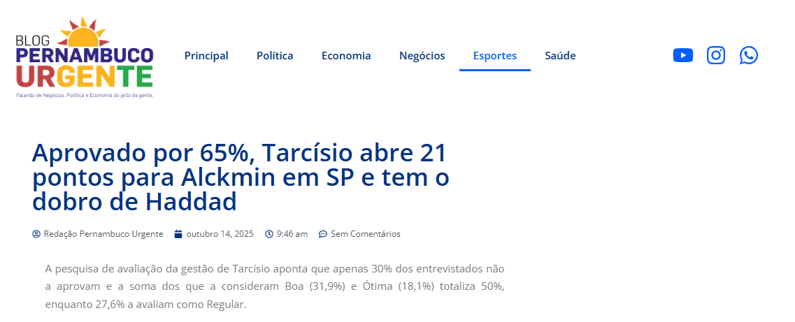 Blog Pernambuco Urgente cita pesquisa realizada pela Paraná Pesquisas no Estado de São Paulo. 2 Blog Pernambuco Urgente cita pesquisa realizada pela Paraná Pesquisas no Estado de São Paulo.