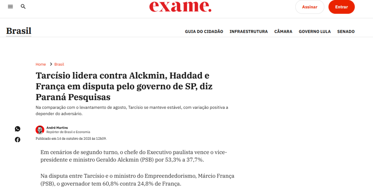Exame cita pesquisa realizada pela Paraná Pesquisas no Estado de São Paulo.