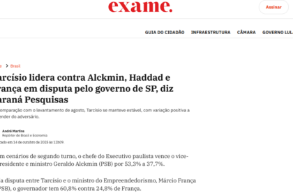 Exame cita pesquisa realizada pela Paraná Pesquisas no Estado de São Paulo.