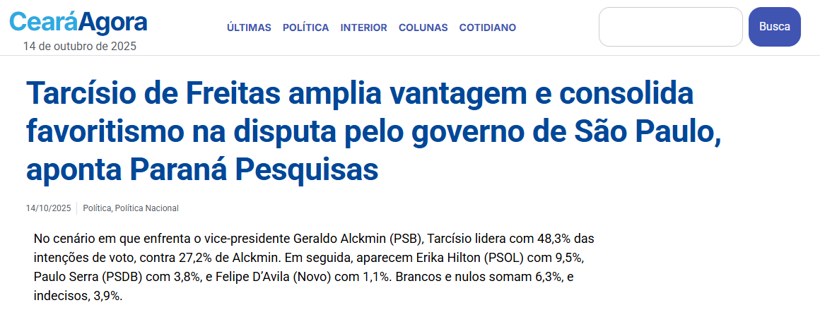 Ceará Agora cita pesquisa realizada pela Paraná Pesquisas no Estado de São Paulo. 2 Ceará Agora cita pesquisa realizada pela Paraná Pesquisas no Estado de São Paulo.