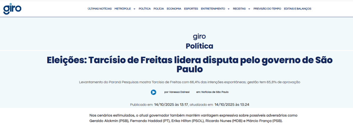 Portal Giro Política cita pesquisa realizada pela Paraná Pesquisas no Estado de São Paulo. 2 Portal Giro Política cita pesquisa realizada pela Paraná Pesquisas no Estado de São Paulo.