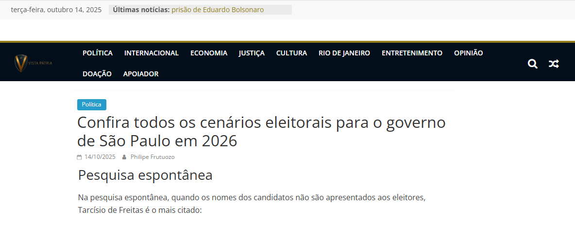 Vista Pátria cita pesquisa realizada pela Paraná Pesquisas no Estado de São Paulo.