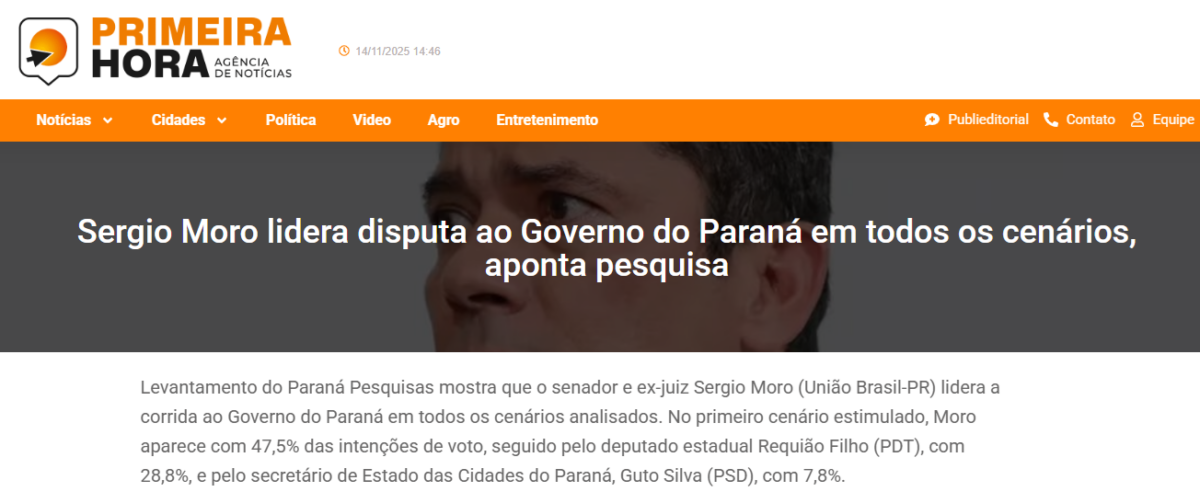 Primeira Hora cita pesquisa realizada pela Paraná Pesquisas no Estado do Paraná.