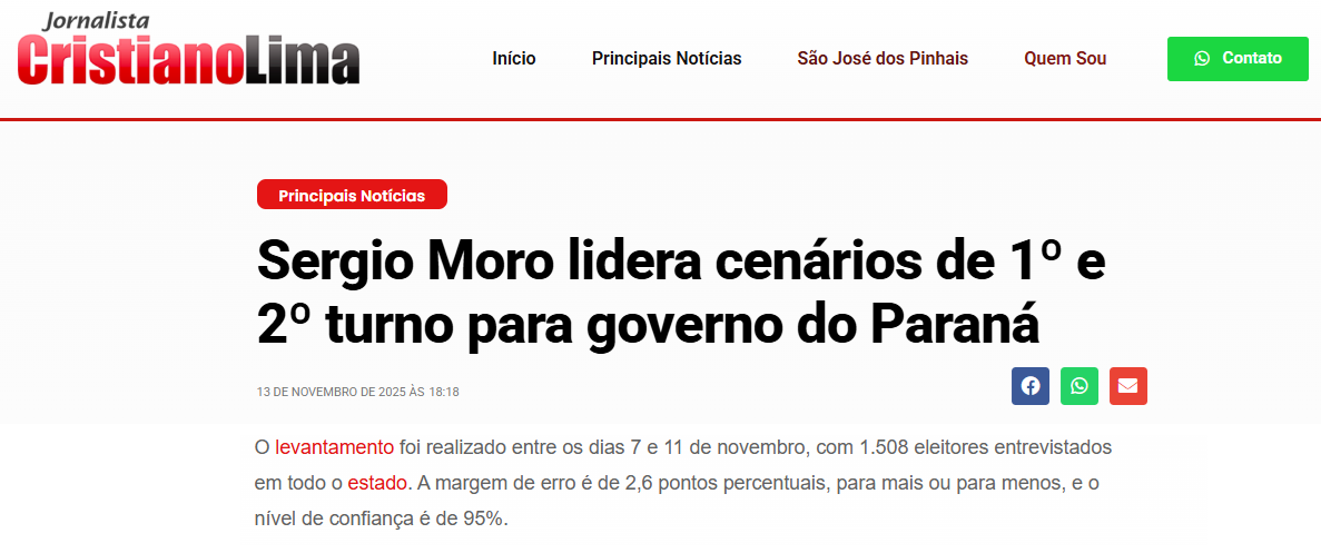 Jornalista Cristiano Lima cita pesquisa realizada pela Paraná Pesquisas no Estado do Paraná.