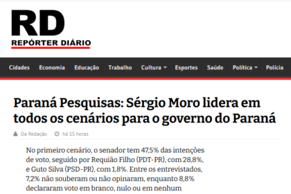 Repórter Diário cita pesquisa realizada pela Paraná Pesquisas no Estado do Paraná.