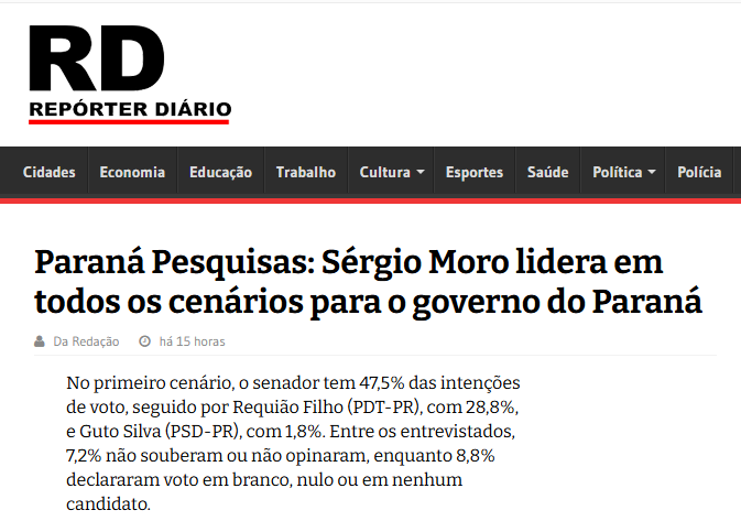 Repórter Diário cita pesquisa realizada pela Paraná Pesquisas no Estado do Paraná.