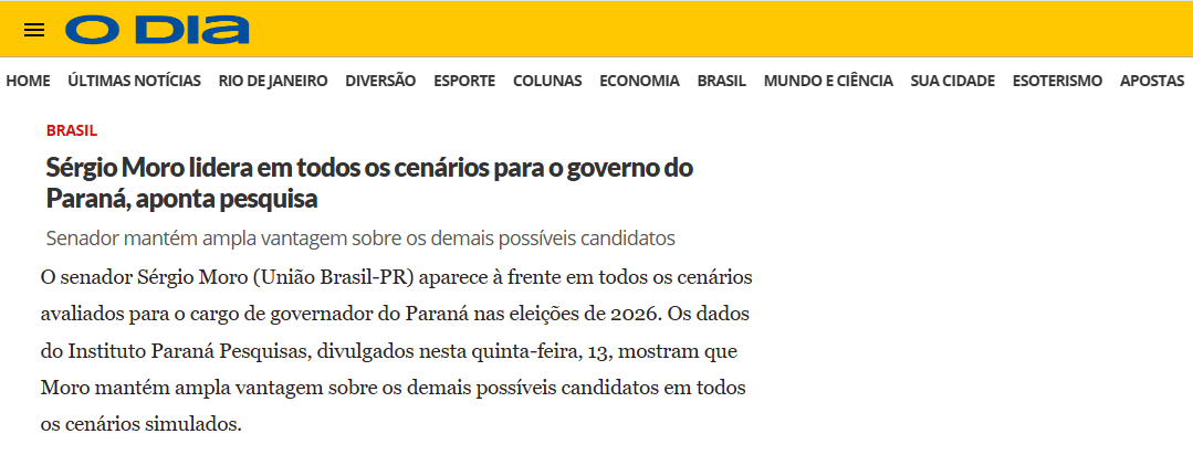 O Dia cita pesquisa realizada pela Paraná Pesquisas no Estado do Paraná.