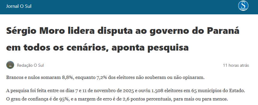 Jornal O Sul cita pesquisa realizada pela Paraná Pesquisas no Estado do Paraná.