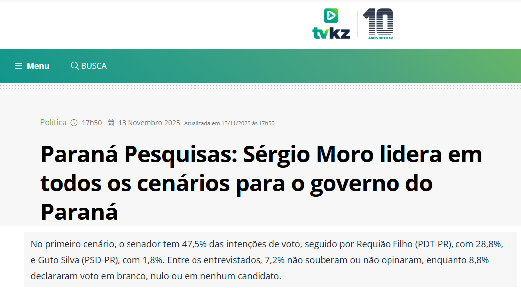 TV KZ cita pesquisa realizada pela Paraná Pesquisas no Estado do Paraná.