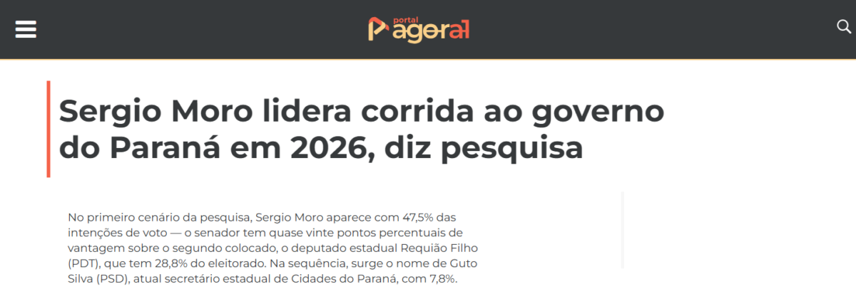 Portal Agora 1 cita pesquisa realizada pela Paraná Pesquisas no Estado do Paraná.