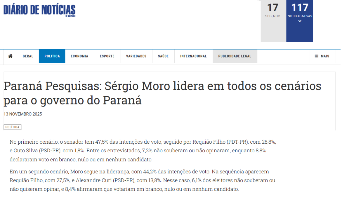 Diário de Notícias de São Paulo cita pesquisa realizada pela Paraná Pesquisas no Estado do Paraná.