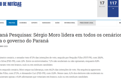 Diário de Notícias de São Paulo cita pesquisa realizada pela Paraná Pesquisas no Estado do Paraná.