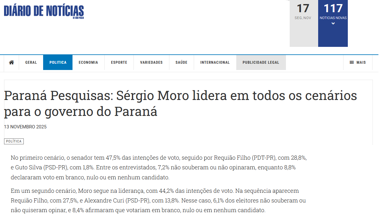 Diário de Notícias de São Paulo cita pesquisa realizada pela Paraná Pesquisas no Estado do Paraná.