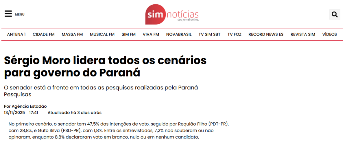 Sim Notícias cita pesquisa realizada pela Paraná Pesquisas no Estado do Paraná.