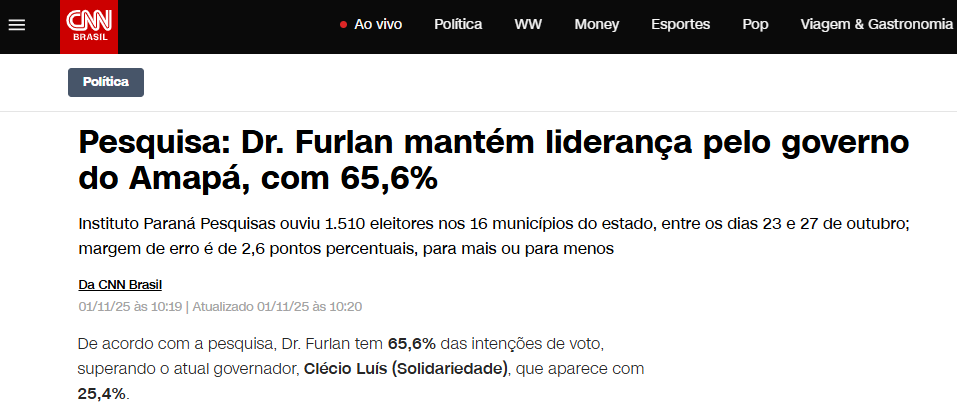 CNN Brasil pesquisa realizada pela Paraná Pesquisas no Estado do Amapá.