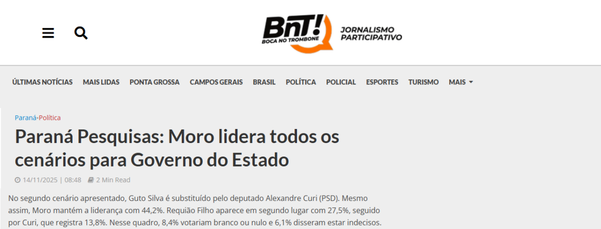 BNT Online cita pesquisa realizada pela Paraná Pesquisas no Estado do Paraná.