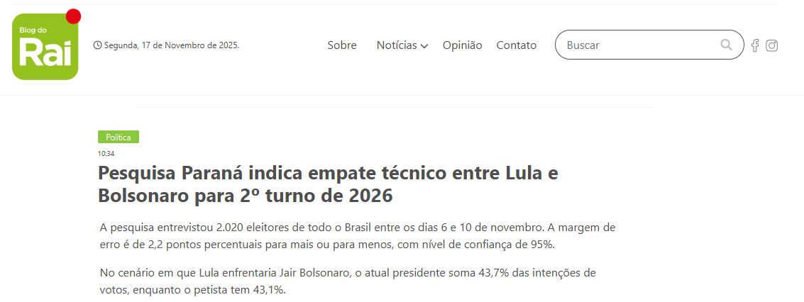Blog do Raí cita pesquisa realizada pela Paraná Pesquisas no Estado do Paraná.