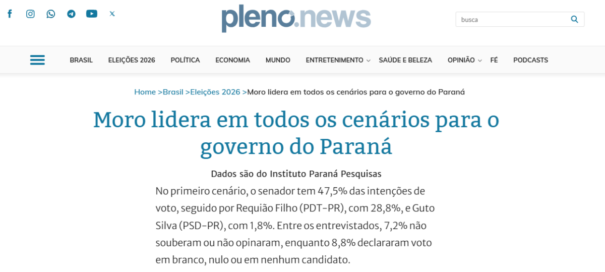 Pleno News cita pesquisa realizada pela Paraná Pesquisas no Estado do Paraná.