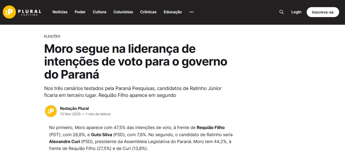 Plural Curitiba cita pesquisa realizada pela Paraná Pesquisas no Estado do Paraná.
