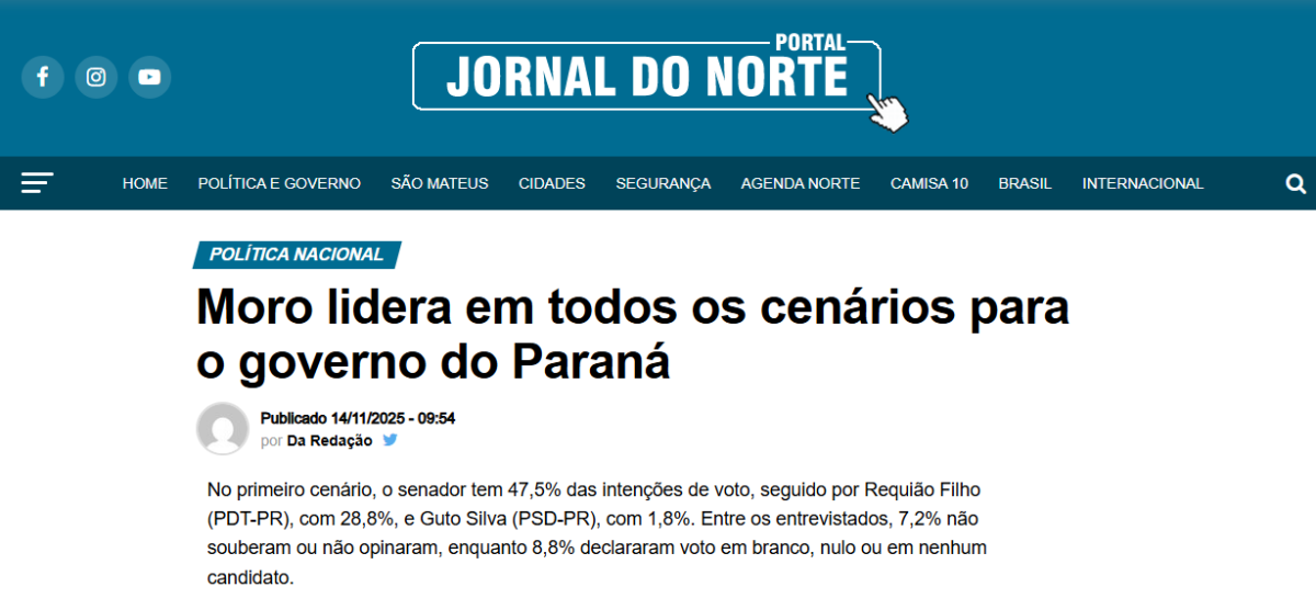 Portal Jornal do Norte cita pesquisa realizada pela Paraná Pesquisas no Estado do Paraná.