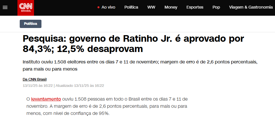 CNN Brasil cita pesquisa realizada pela Paraná Pesquisas no Estado do Paraná.