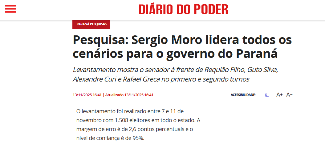 Diário do Poder cita pesquisa realizada pela Paraná Pesquisas no Estado do Paraná.