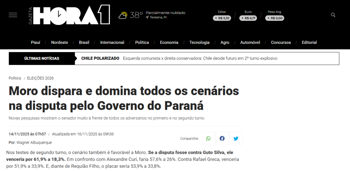 Gazeta Hora 1 cita pesquisa realizada pela Paraná Pesquisas no Estado do Paraná.