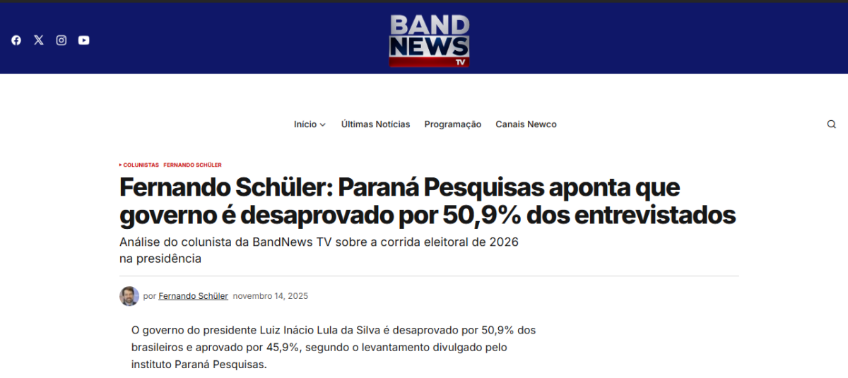 Band News TV cita pesquisa realizada pela Paraná Pesquisas.