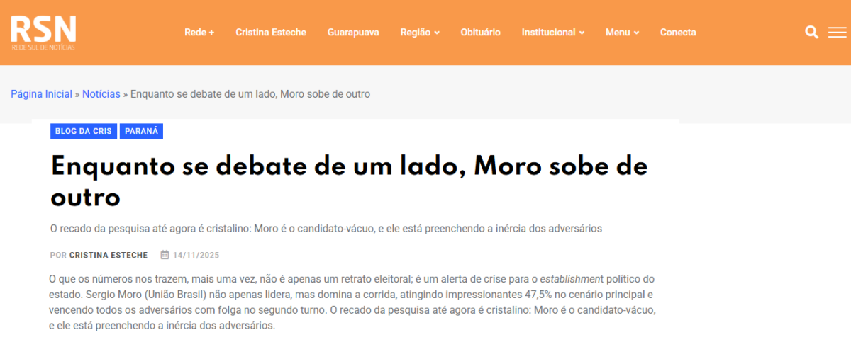 Rede Sul de Notícias cita pesquisa realizada pela Paraná Pesquisas no Estado do Paraná.