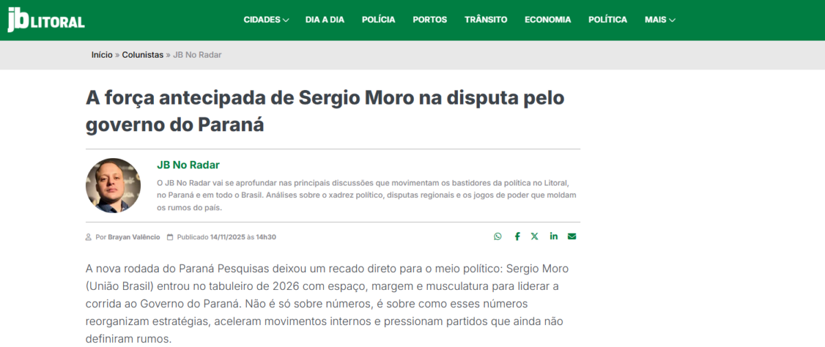 JB Litoral cita pesquisa realizada pela Paraná Pesquisas no Estado do Paraná. 2 JB Litoral cita pesquisa realizada pela Paraná Pesquisas no Estado do Paraná.