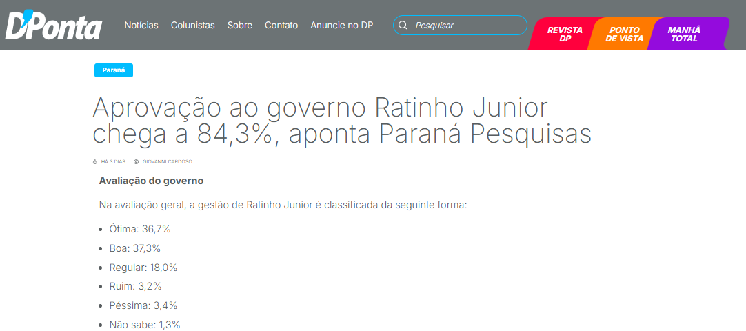 D'Ponta cita pesquisa realizada pela Paraná Pesquisas no Estado do Paraná. 2 D'Ponta cita pesquisa realizada pela Paraná Pesquisas no Estado do Paraná.