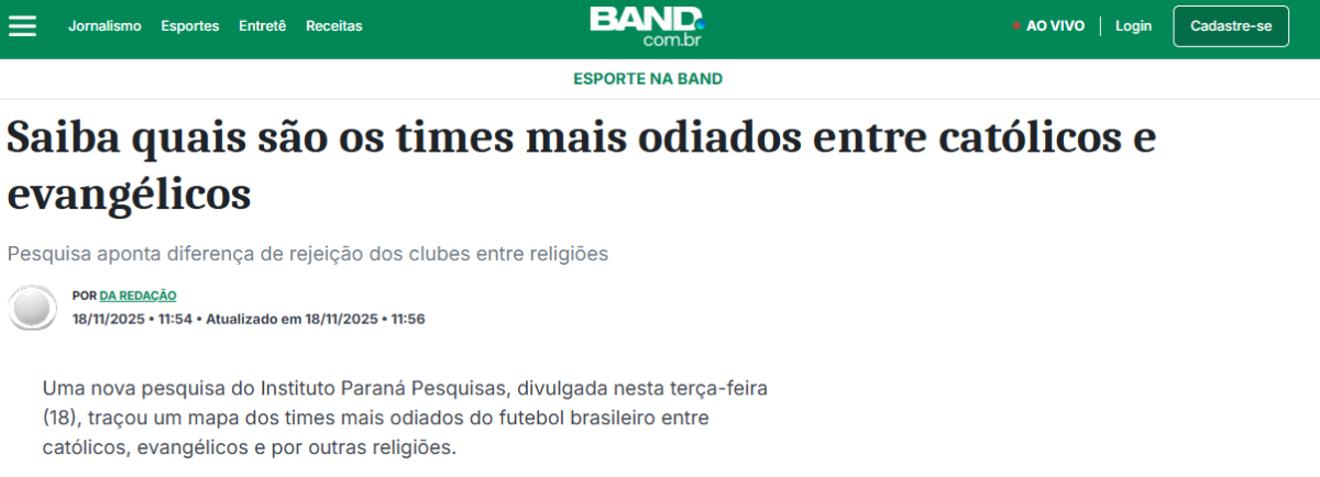 Band cita pesquisa realizada pela Paraná Pesquisas.