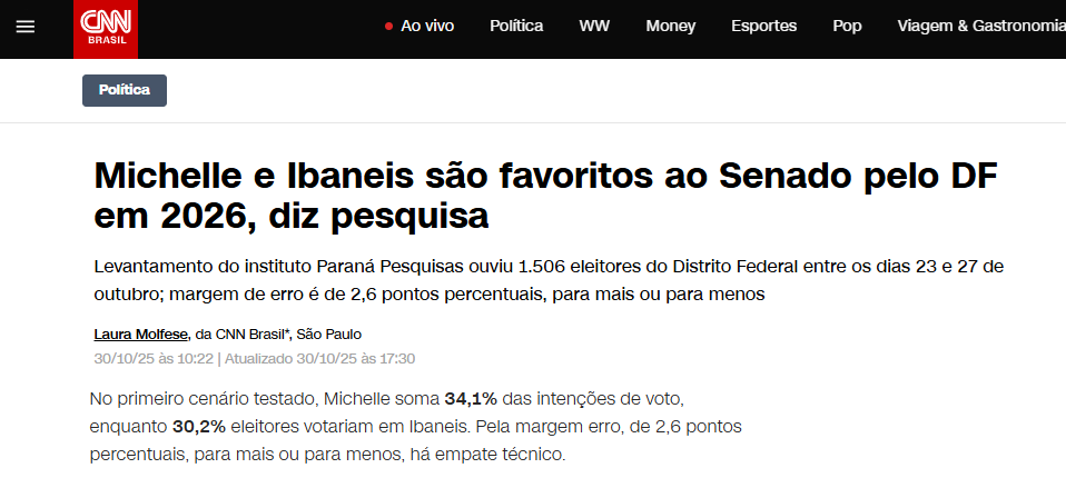 CNN Brasil cita pesquisa realizada pela Paraná Pesquisas no Distrito Federal. 2 CNN Brasil cita pesquisa realizada pela Paraná Pesquisas no Distrito Federal.