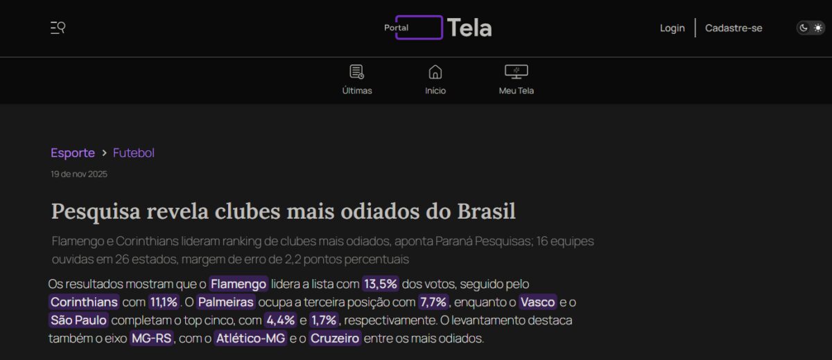 Portal Tela cita pesquisa realizada pela Paraná Pesquisas. 2 Portal Tela cita pesquisa realizada pela Paraná Pesquisas.