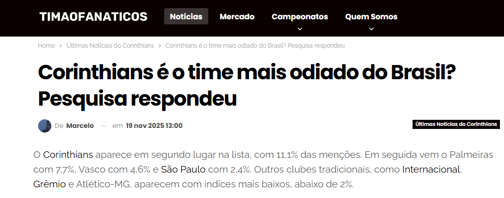 Timão Fanáticos cita pesquisa realizada pela Paraná Pesquisas. 2 Timão Fanáticos cita pesquisa realizada pela Paraná Pesquisas.