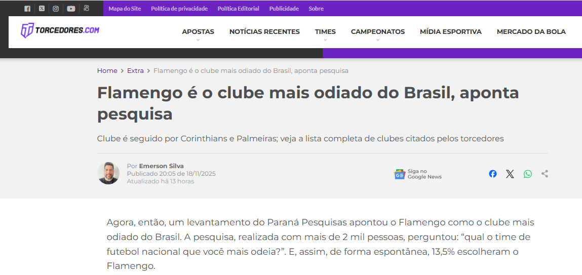 Portal Torcedores cita pesquisa realizada pela Paraná Pesquisas.