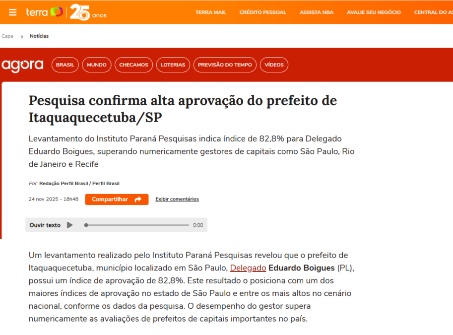 Portal Terra cita pesquisa realizada pela Paraná Pesquisas no Município de Itaquaquecetuba.
