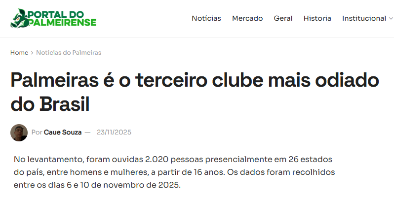 Portal do Palmeirense cita pesquisa realizada pela Paraná Pesquisas.