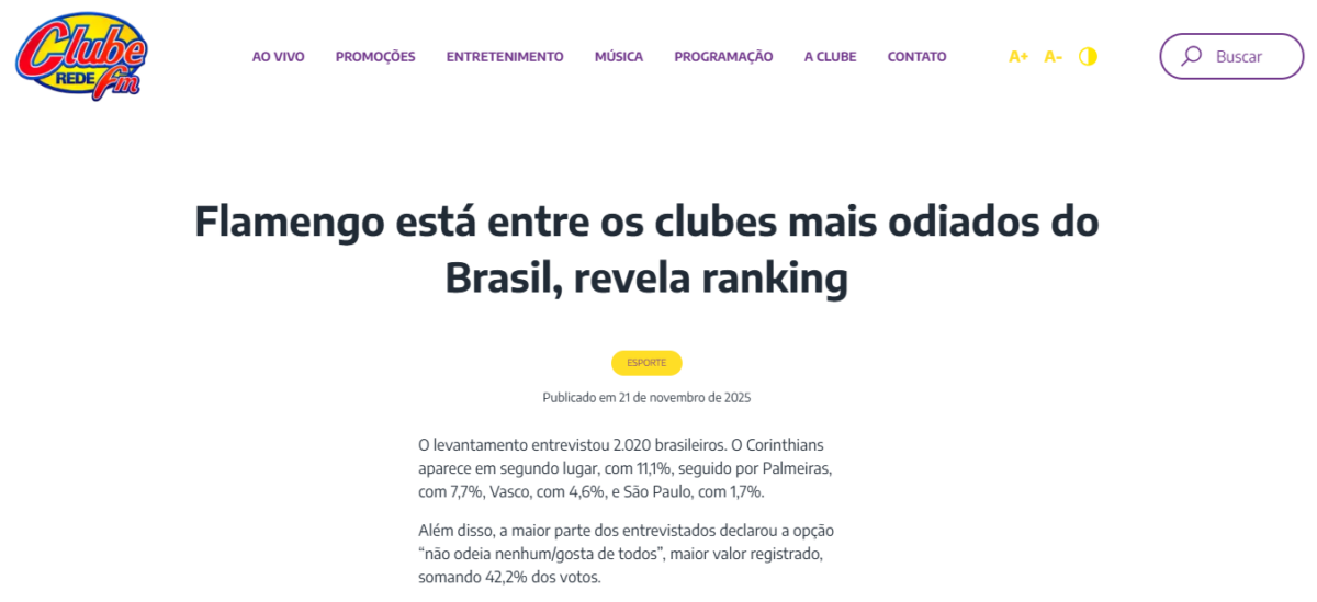 Clube FM cita pesquisa realizada pela Paraná Pesquisas.